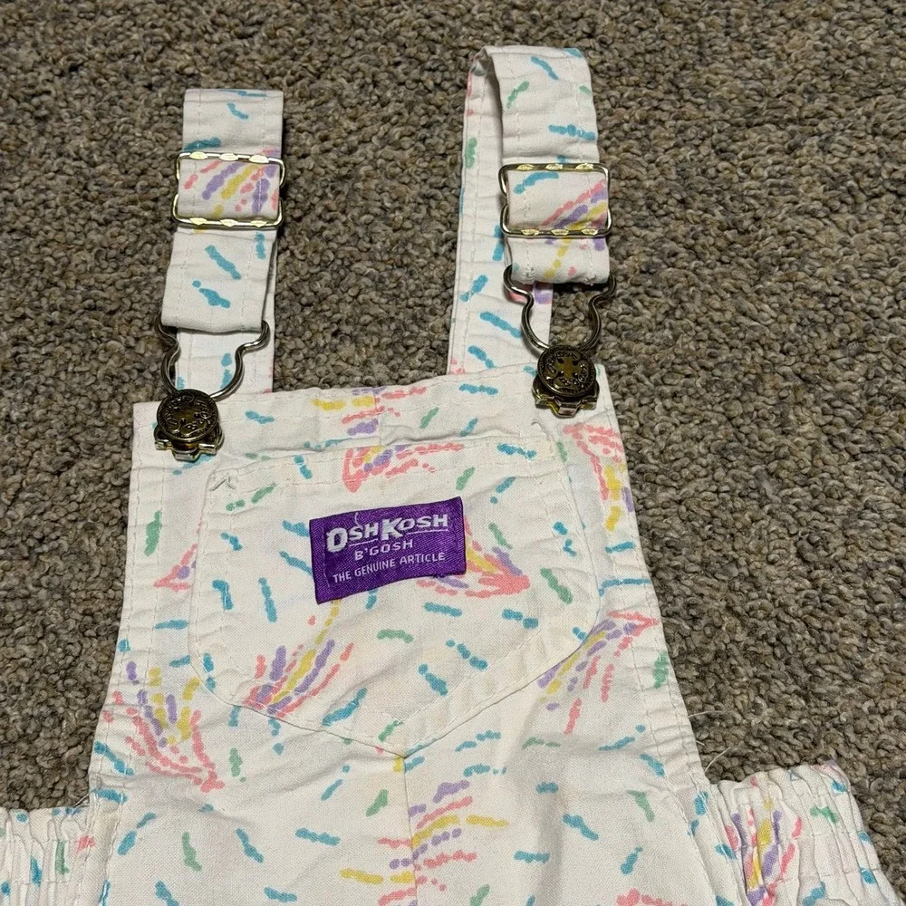 Vintage OshKosh B'Gosh Girls 4 Shortalls Confetti Rainbow Print Overalls USA